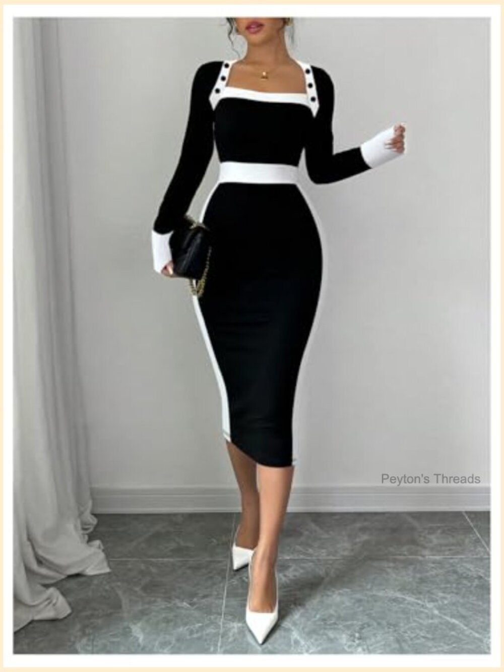 Long Sleeve Square Neck Bodycon Midi Dress Pencil Cocktail Party - Picture 3 of 7